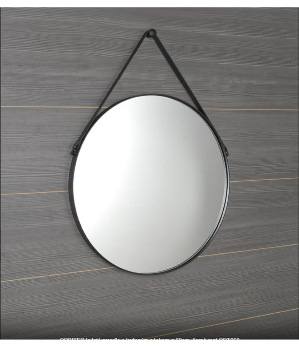 Kulaté zrcadlo s koženým páskem ø 60cm, černá mat